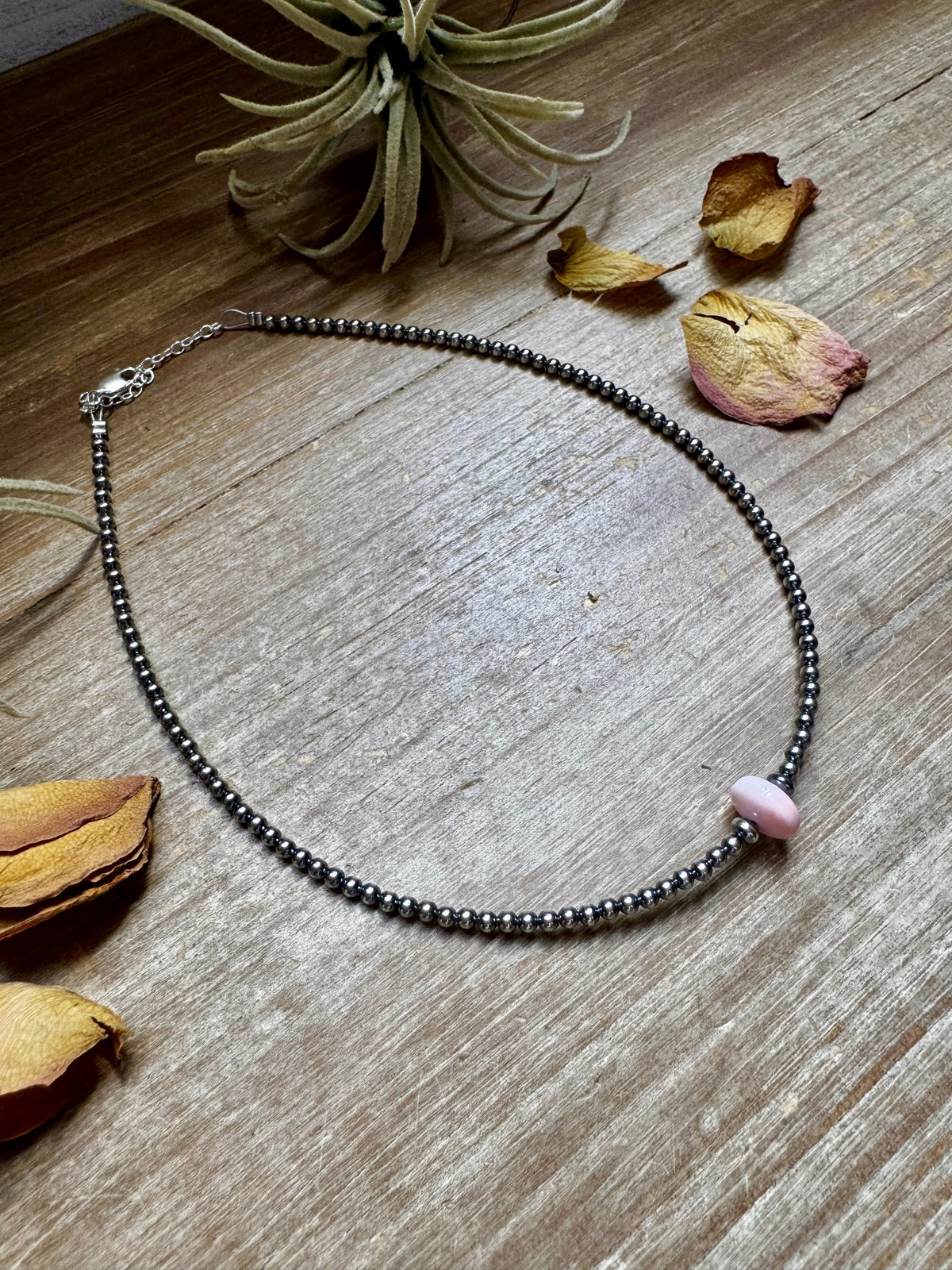 Sterling Silver Pearl Choker – Pink Conch Saucer Center – 14.5" + Extender