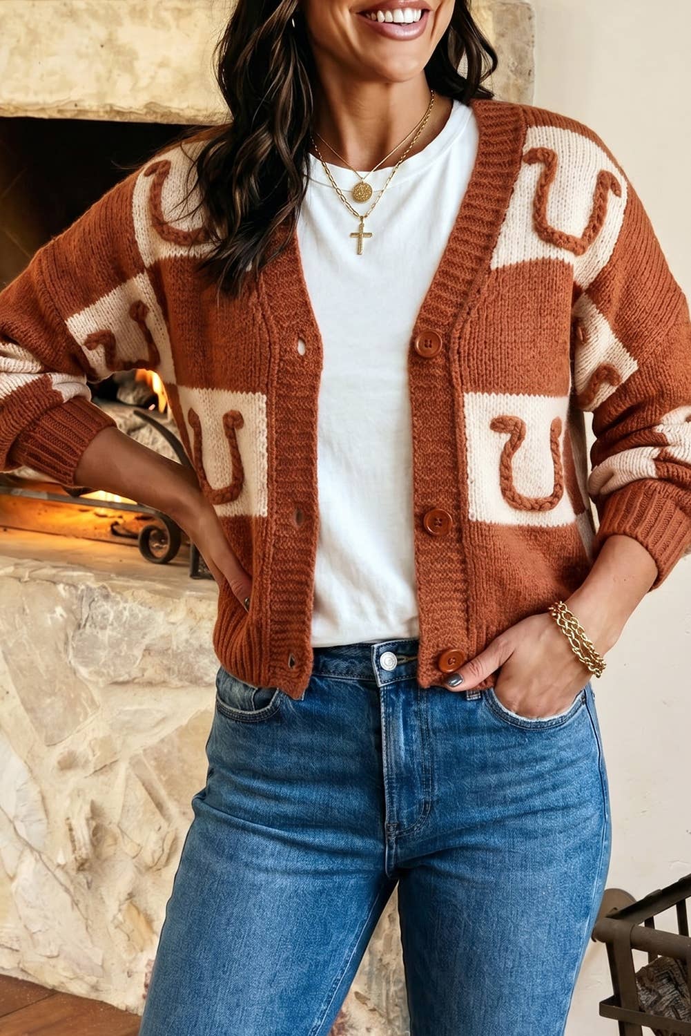 Western Plaid V Neck Knit Long Sleeve Regular Fit Cardigan