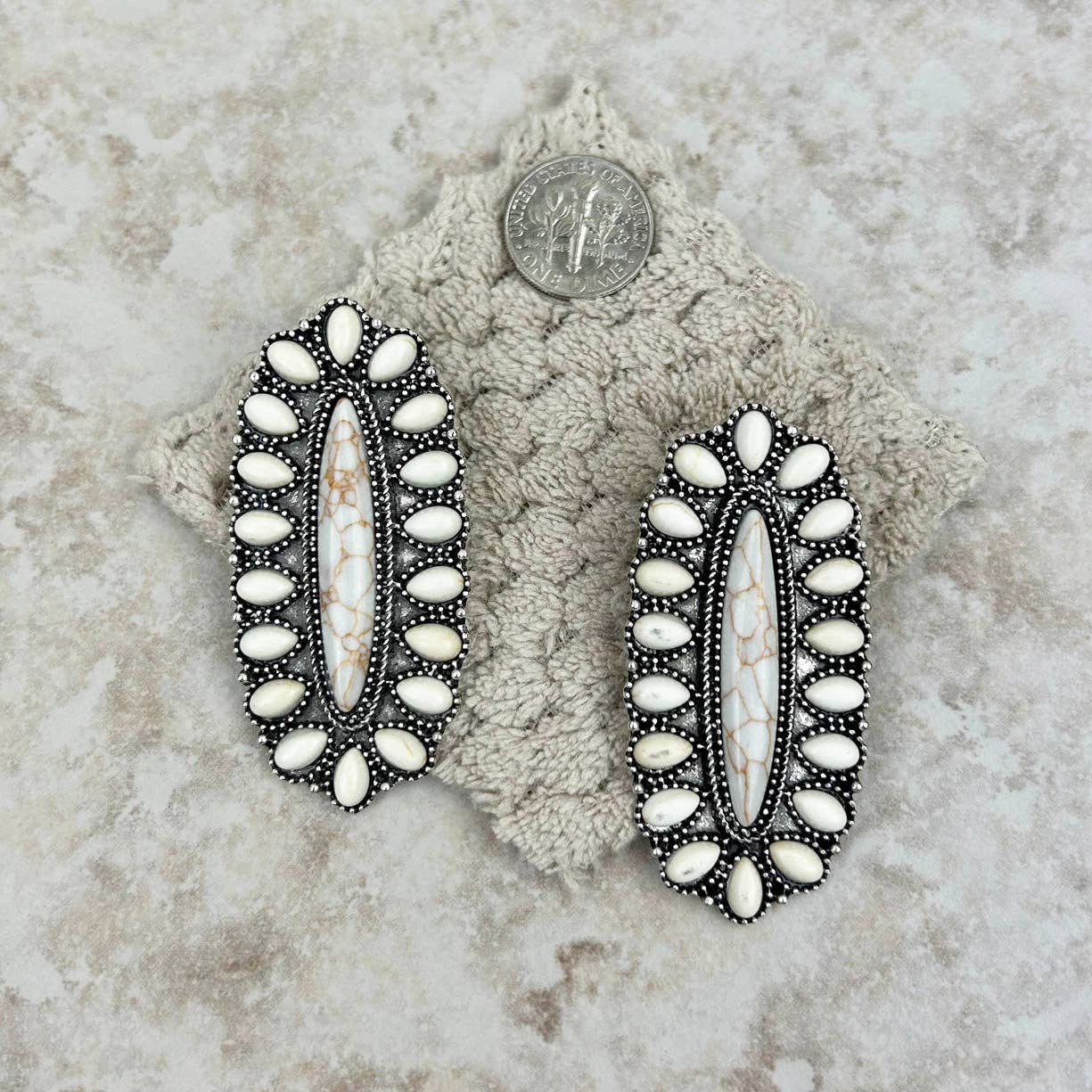 ER220430-04-WHITE Silver with white stones oval concho post Earrings
