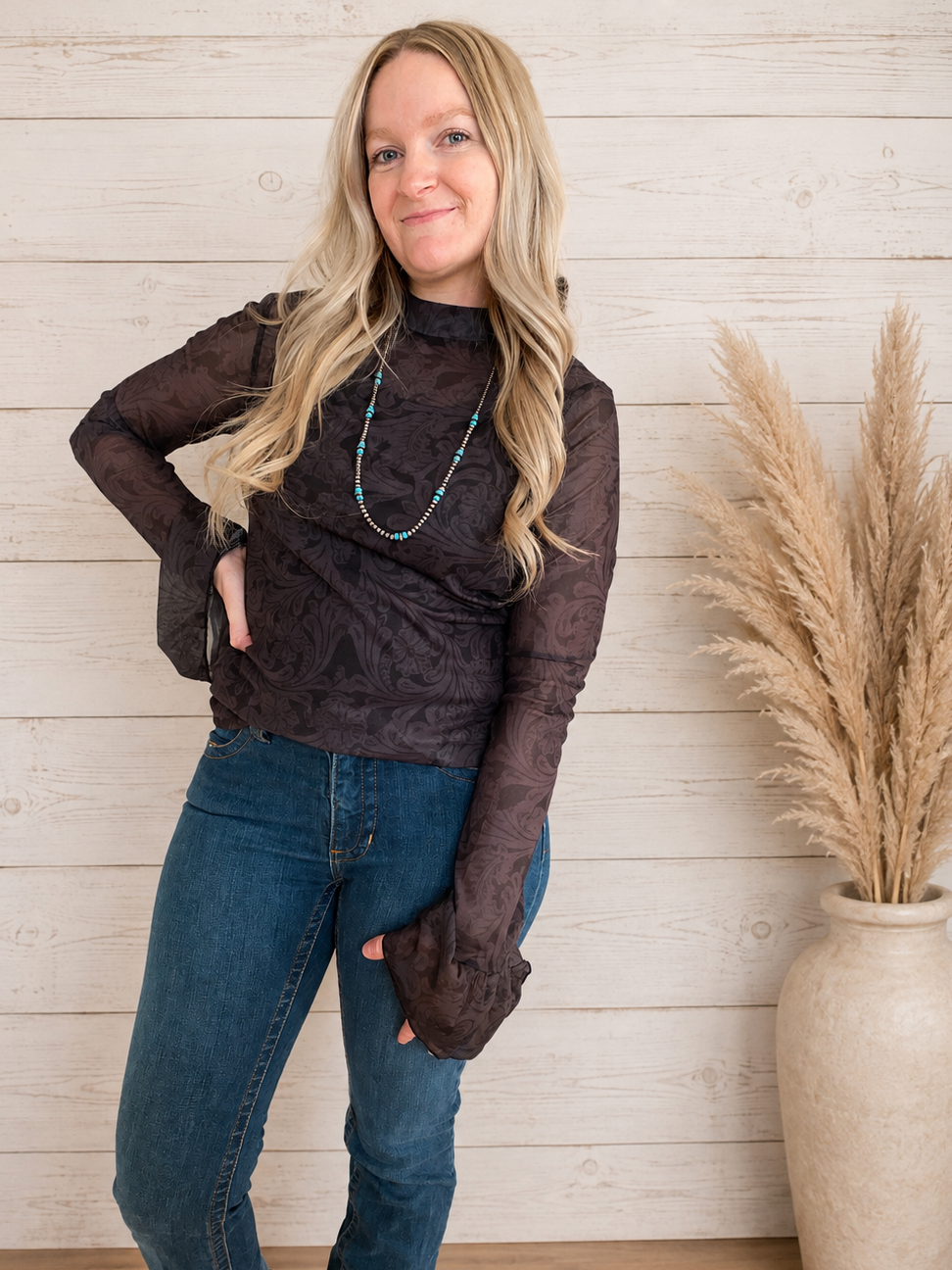 Tooled in Black Mesh Top