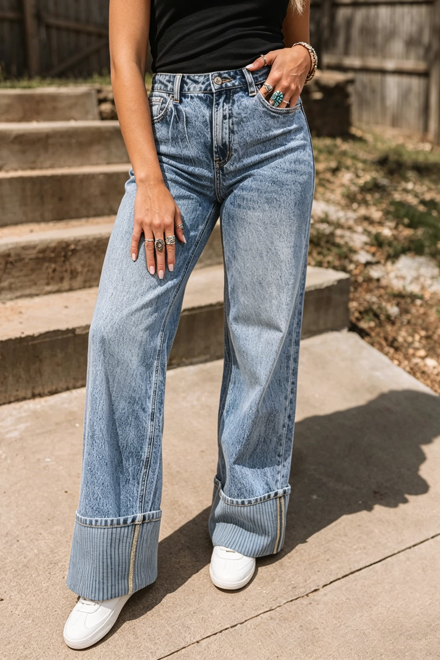 Western Striped High Waist Cuffed Straight Loose Jeans