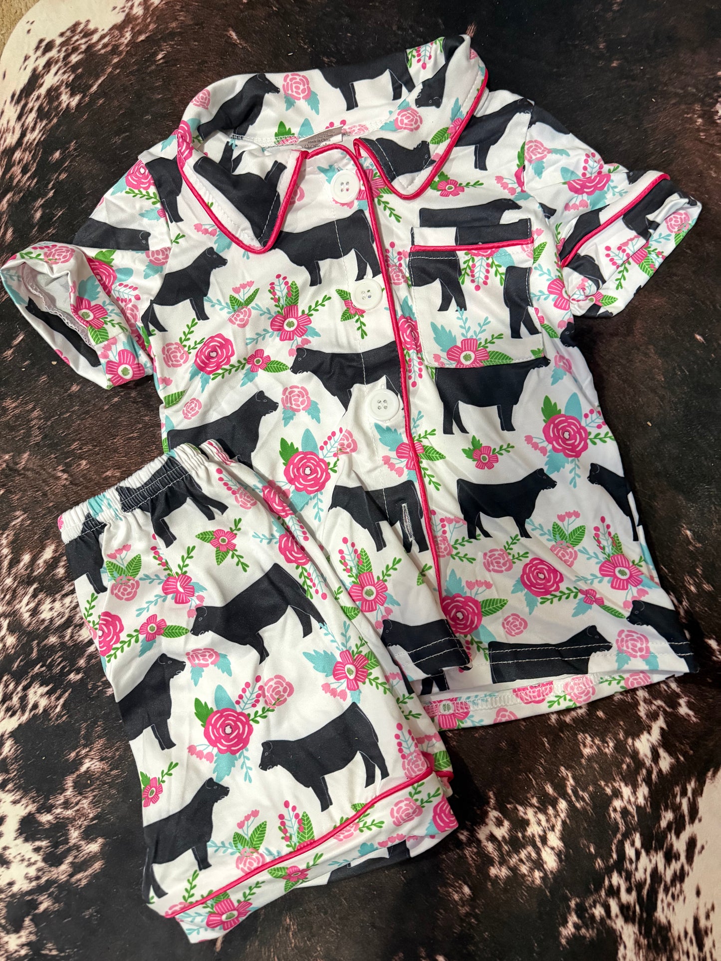 Cow pink floral kids girls button down summer pajamas