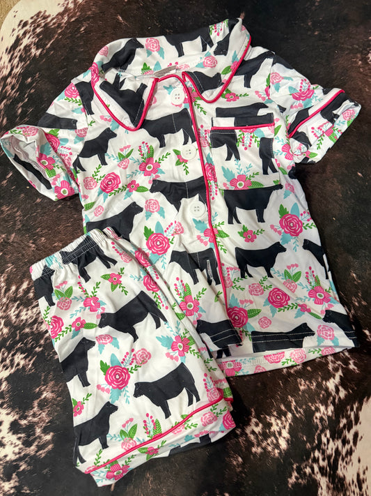 Cow pink floral kids girls button down summer pajamas