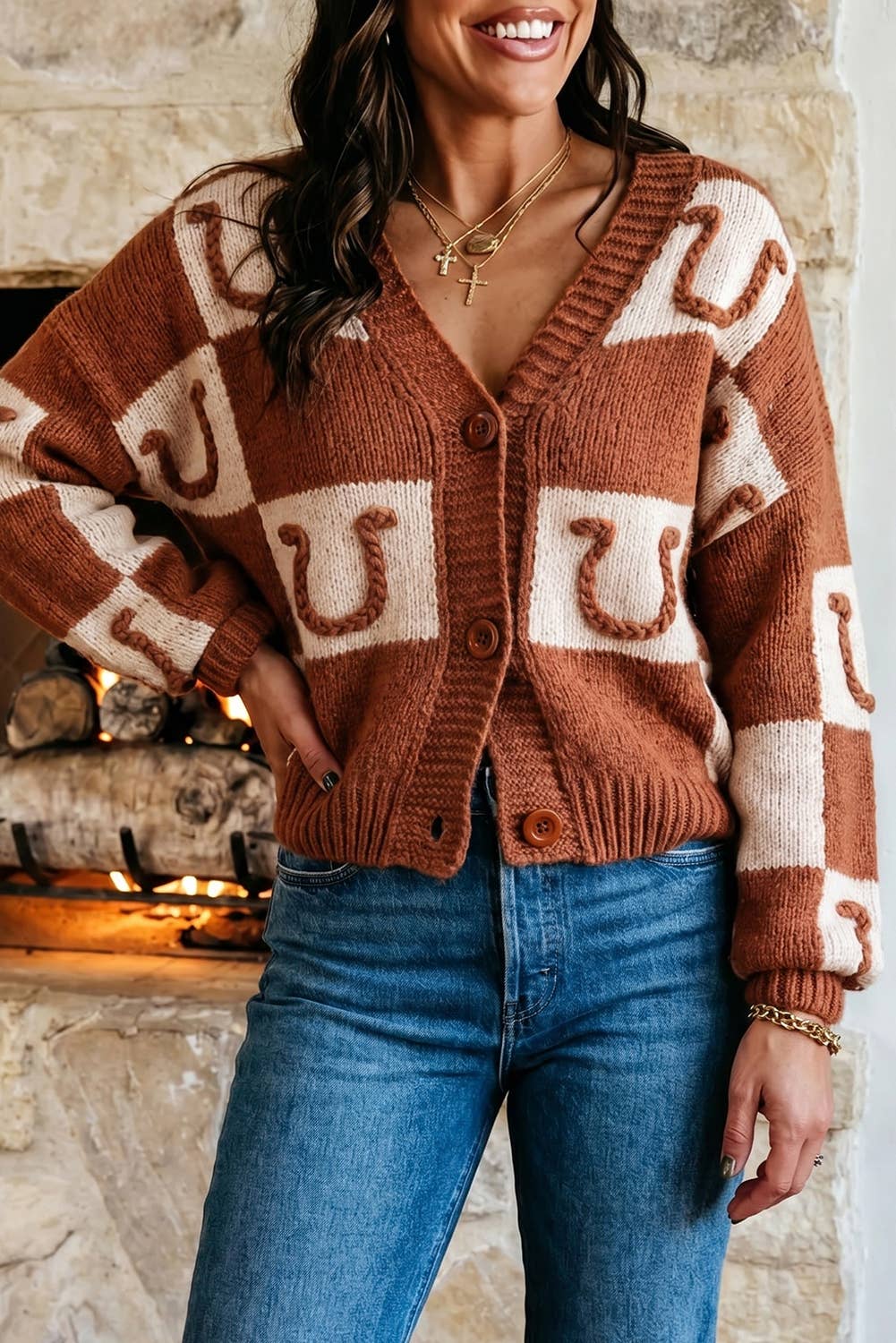 Western Plaid V Neck Knit  Long Sleeve Regular Fit Cardigan