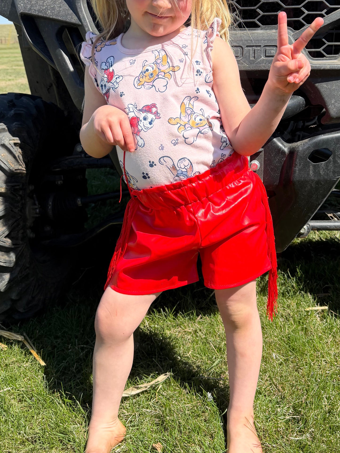 Kids Red Leather Tassel Shorts