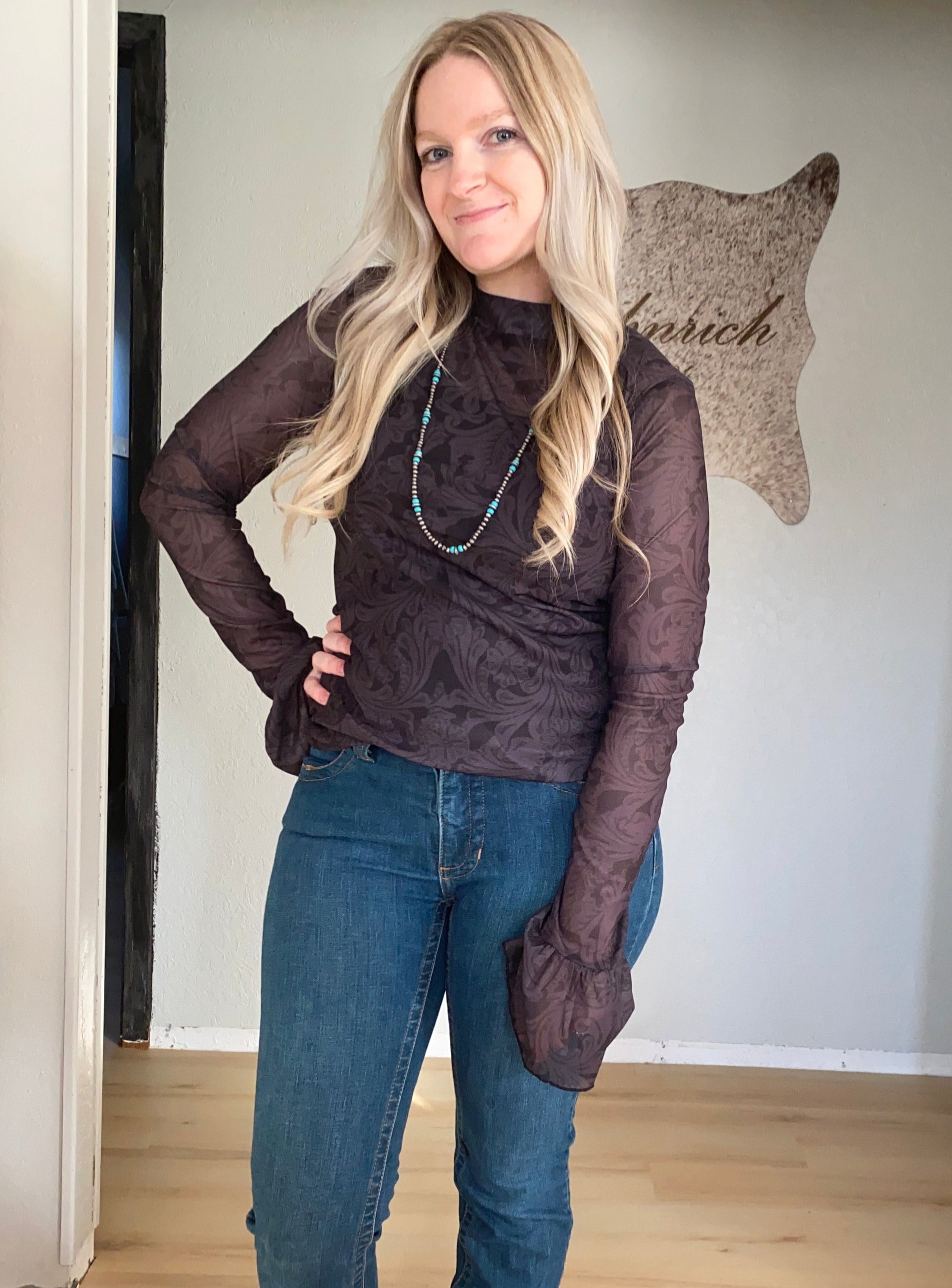 Tooled in Black Mesh Top