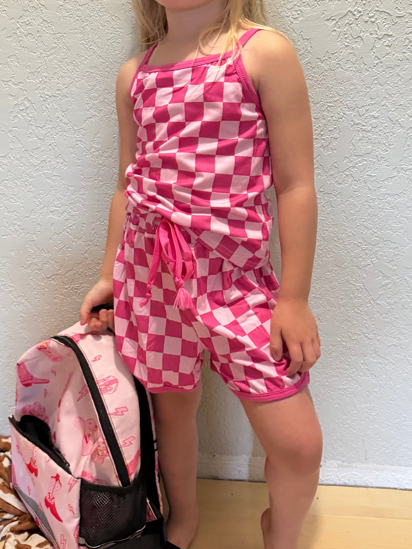 Straps plaid top shorts kids girls outfits