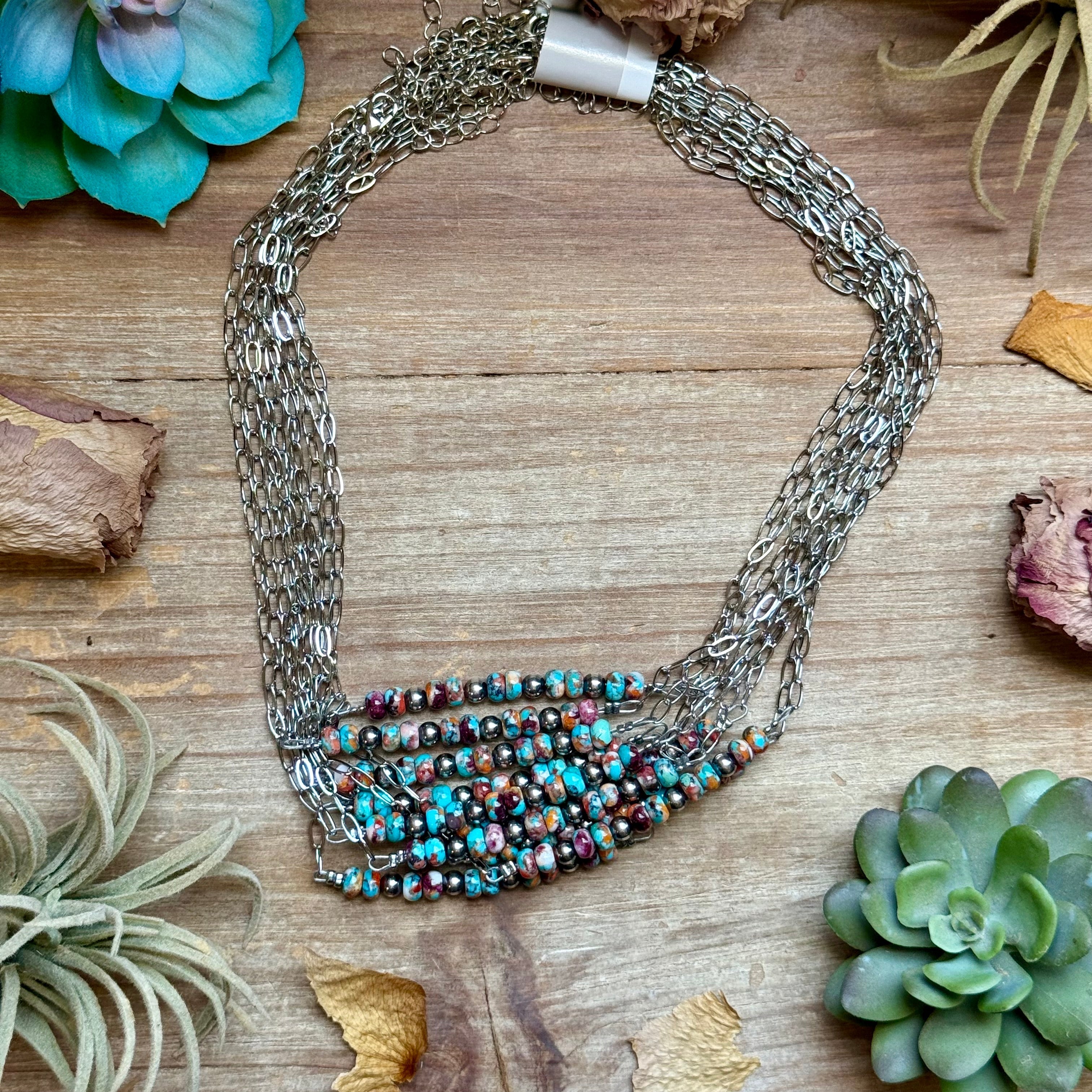 Mojave Turquoise, Spiny Oyster & Sterling Silver Pearl Paperclip Necklace