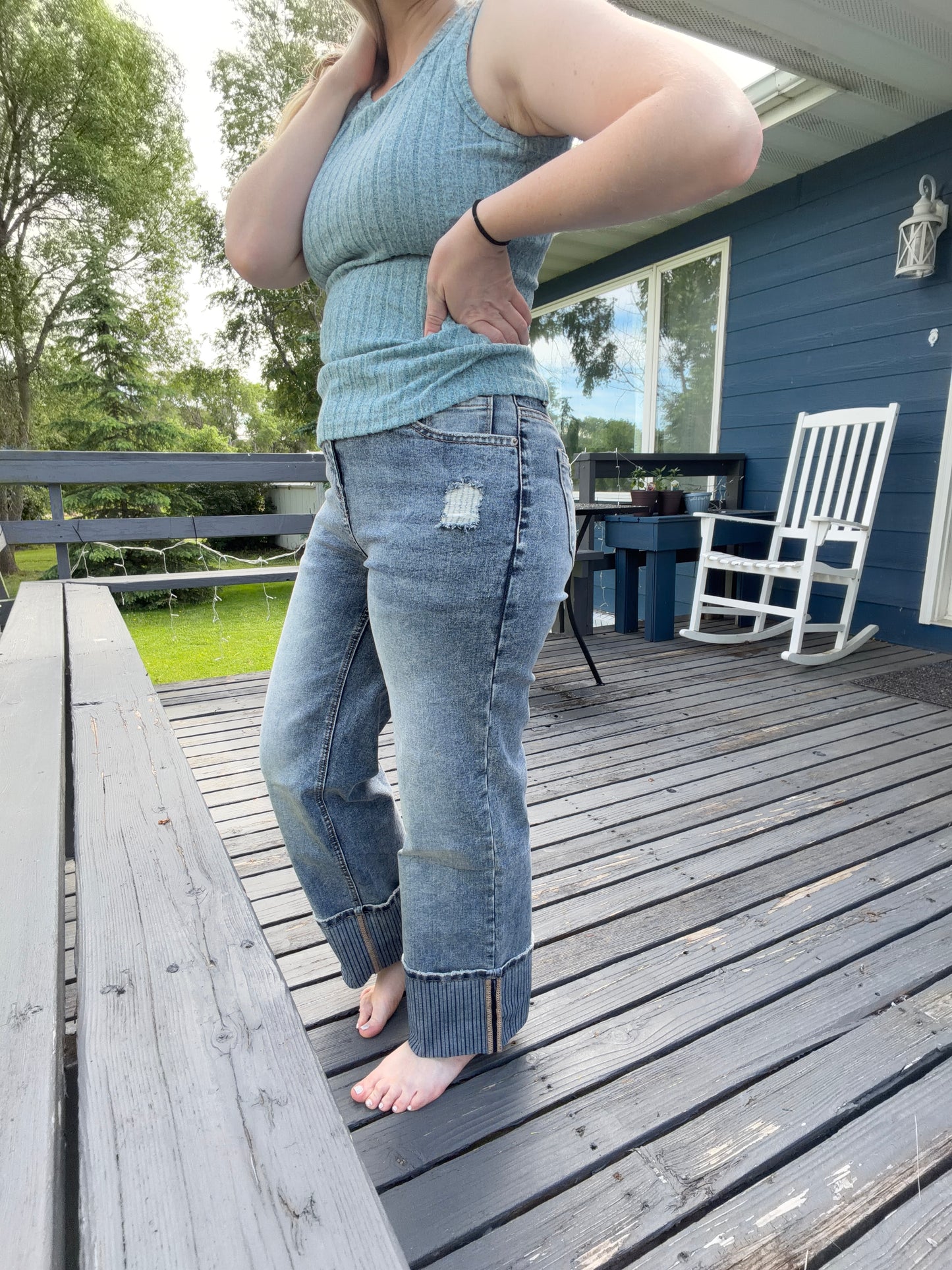 Western Striped High Waist Cuffed Straight Loose Jeans