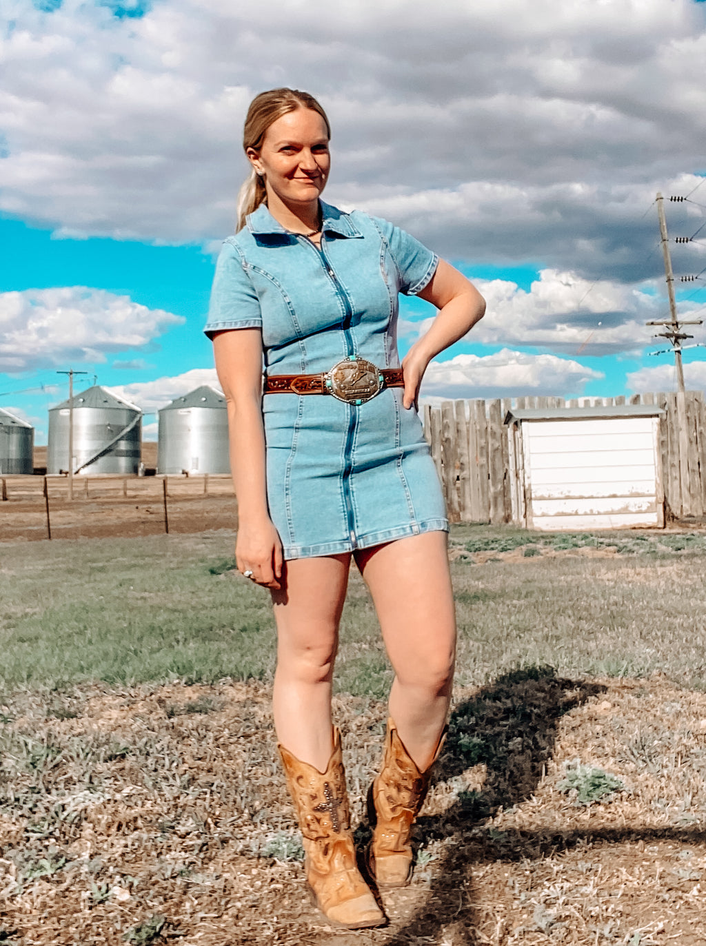 Light Wash Stretch Denim Zip Dress