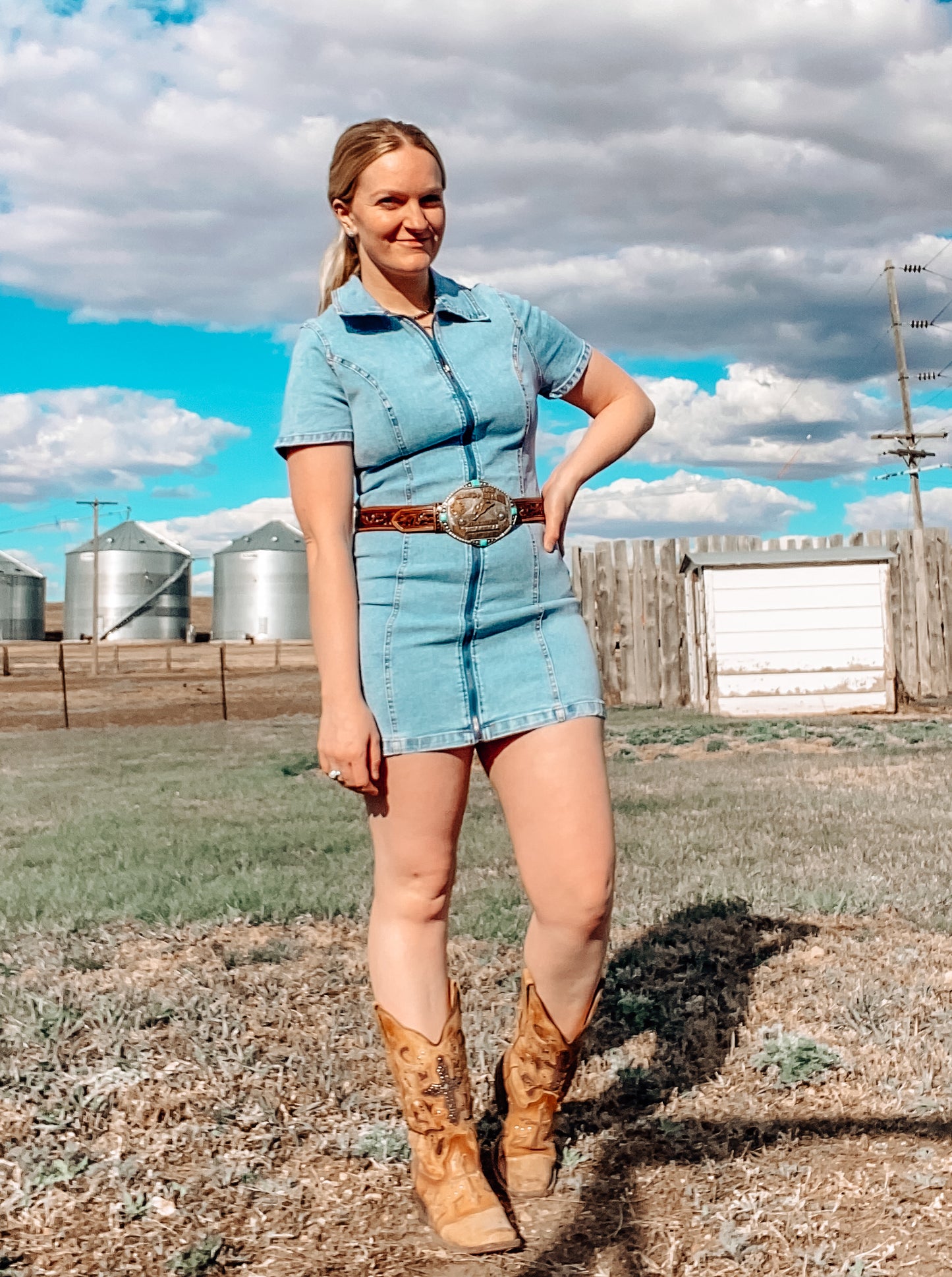 Light Wash Stretch Denim Zip Dress