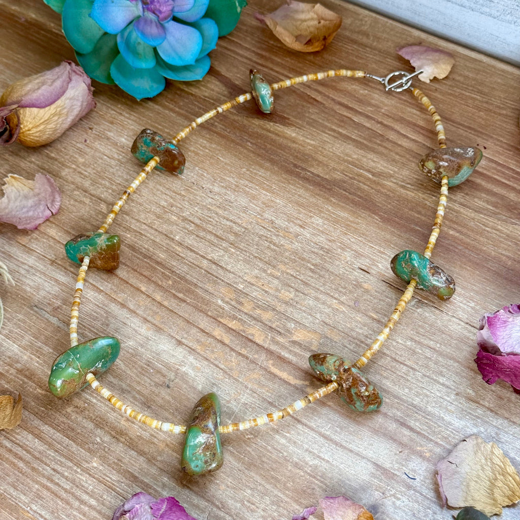 22” Chunky Turquoise & Shell Heishi Necklace
