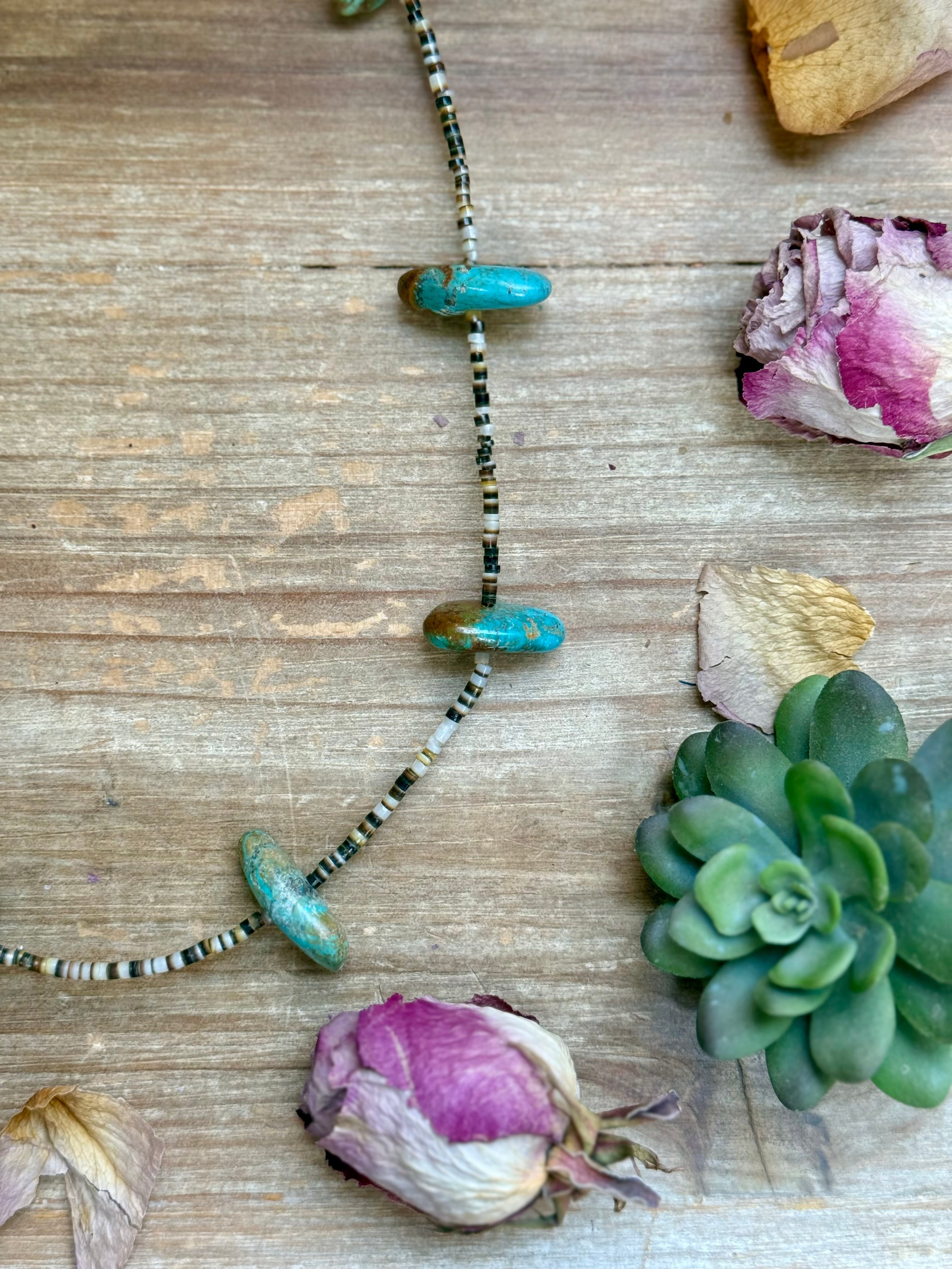 22” Chunky Turquoise & Dark Brown Shell Heishi Necklace
