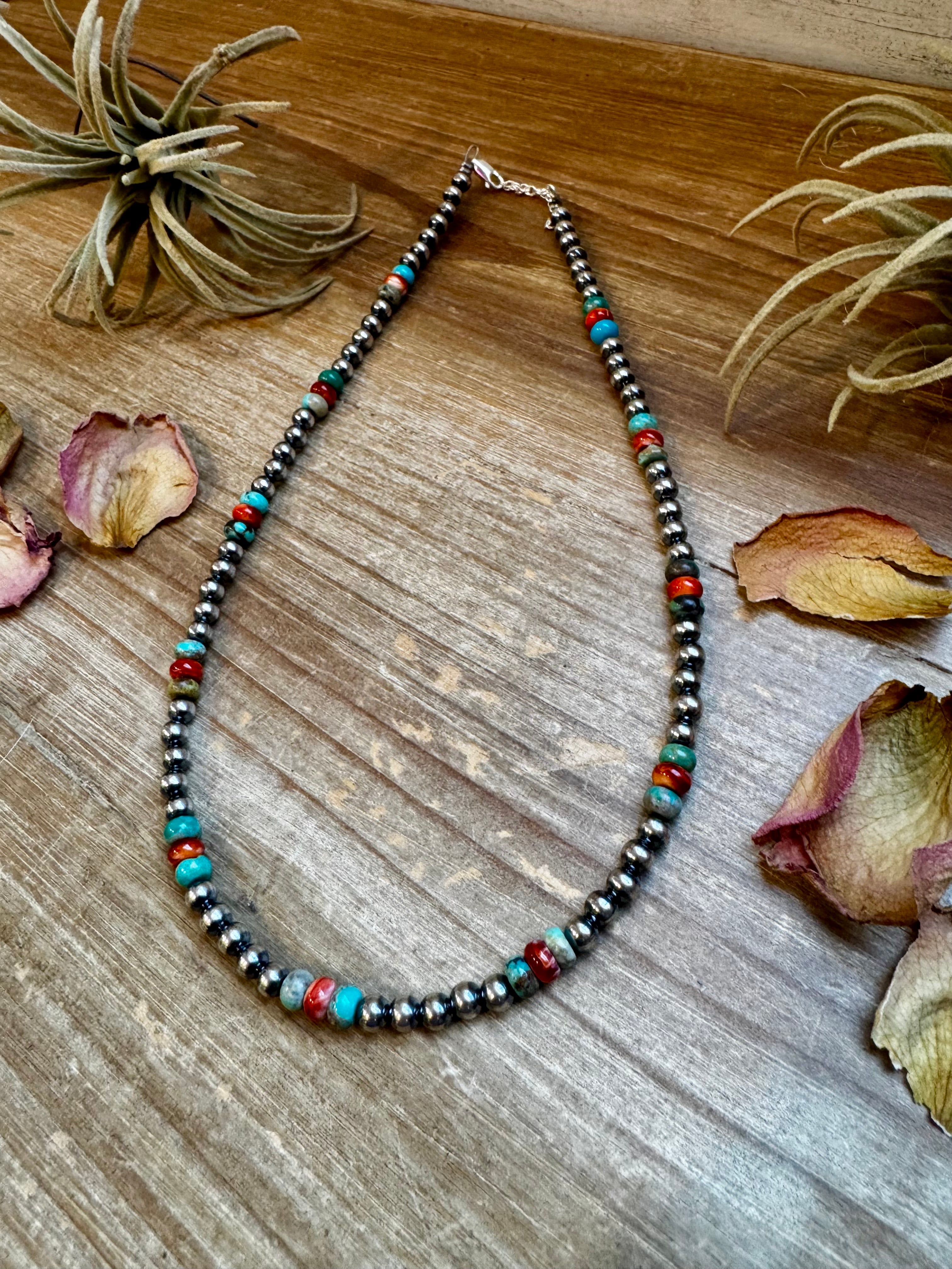 18-Inch Sterling Silver Pearl Necklace – Mixed Turquoise & Spiny Oyster (5mm)