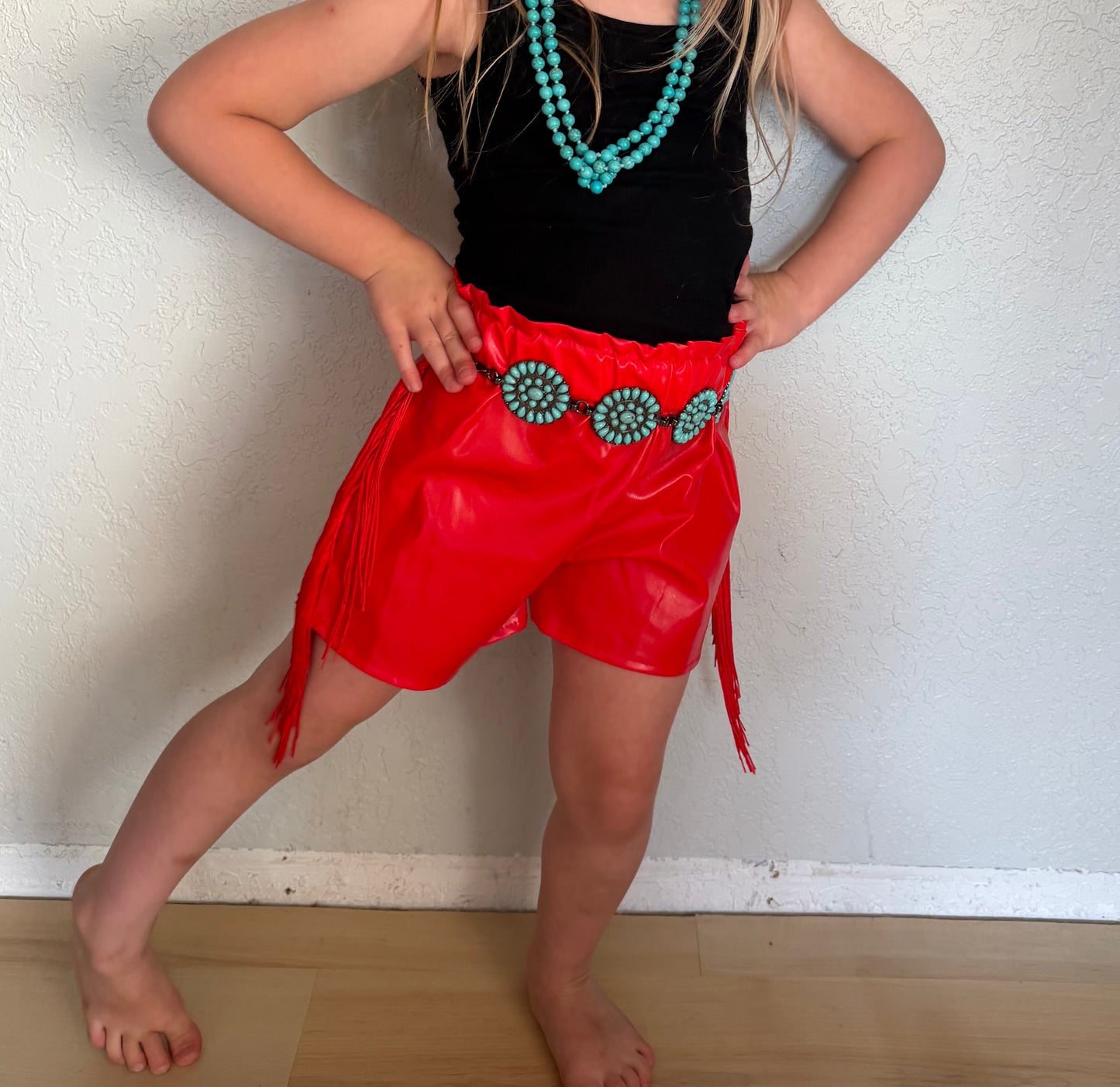 Kids Red Leather Tassel Shorts