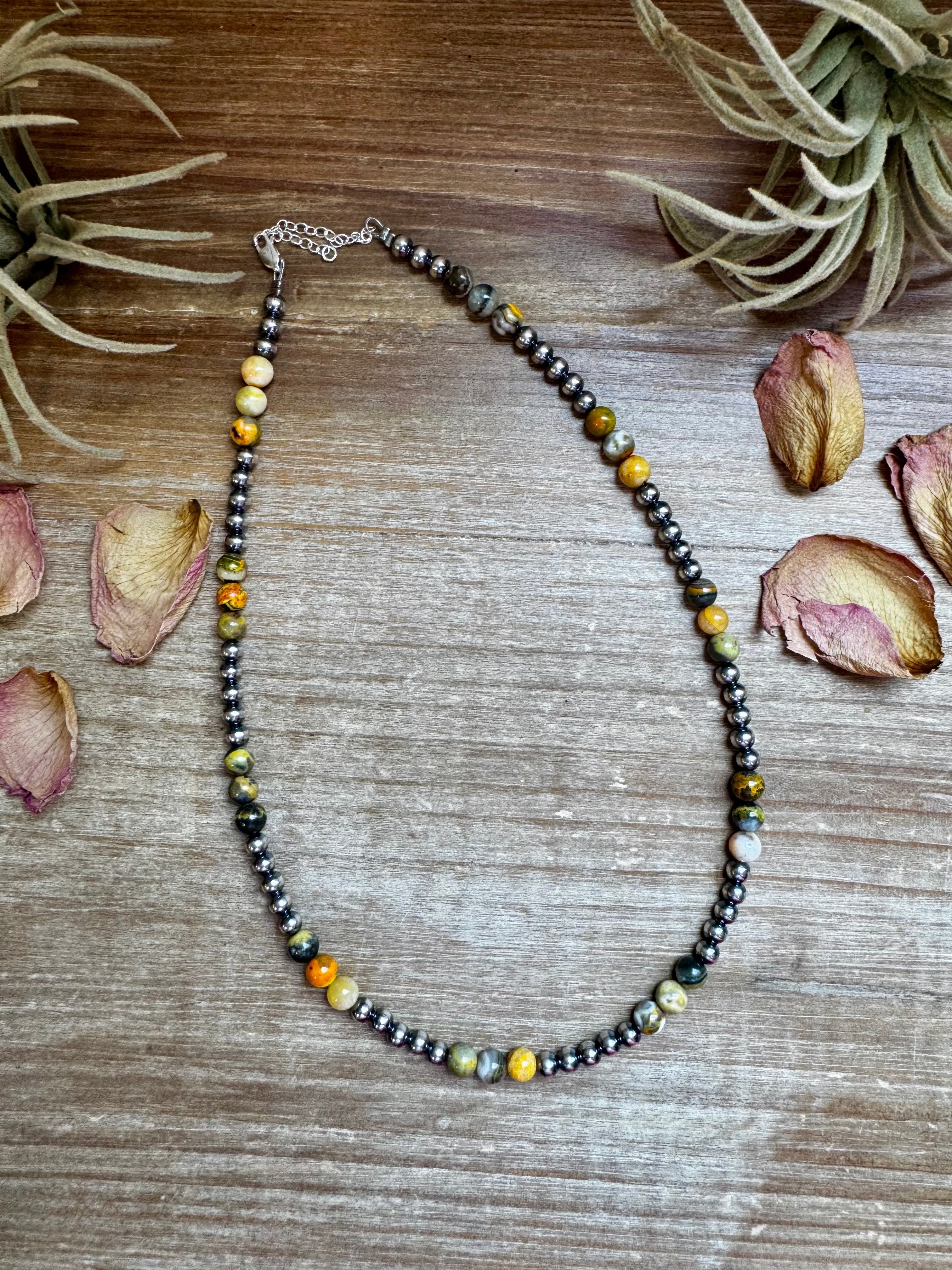 18-Inch Sterling Silver Pearl & Bumblebee Jasper Necklace