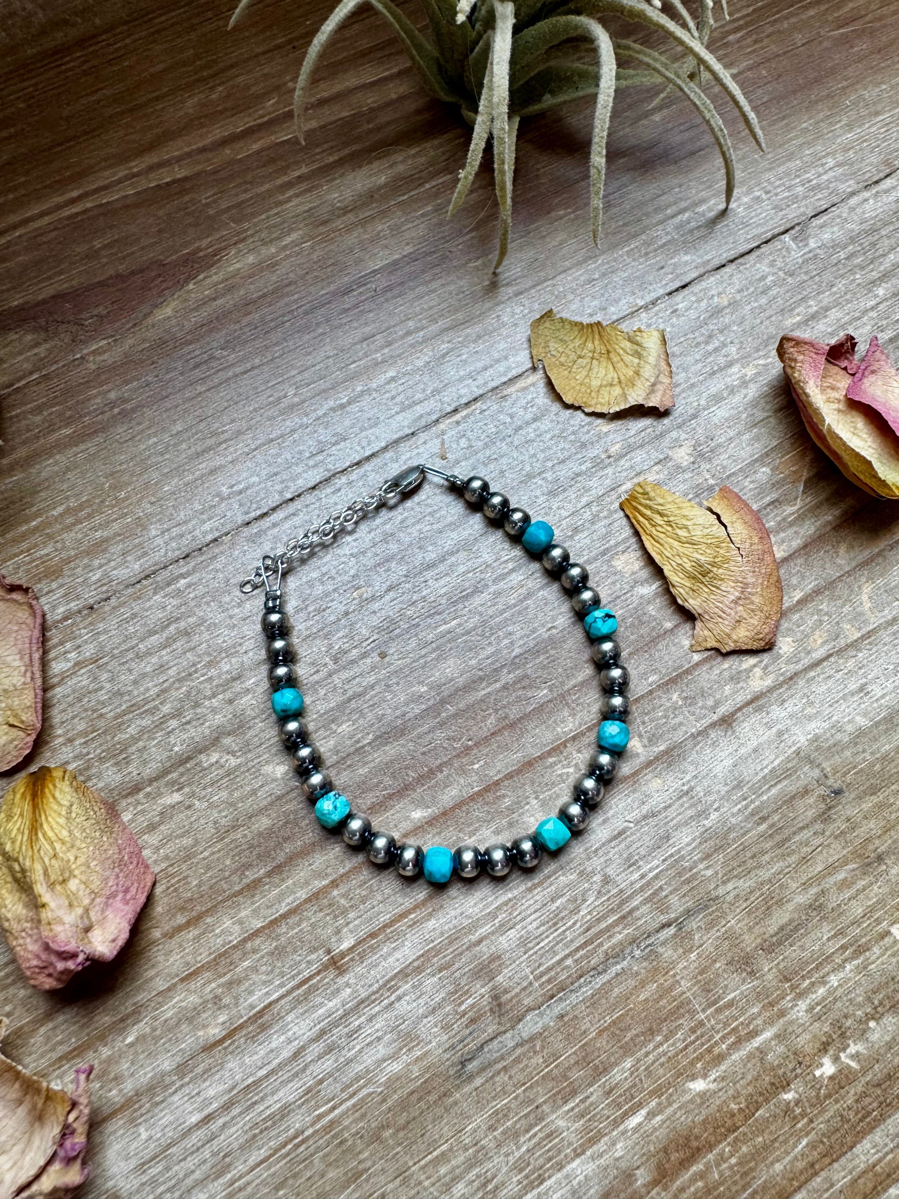 5mm Sterling Silver Pearl & Faceted Turquoise Bracelet