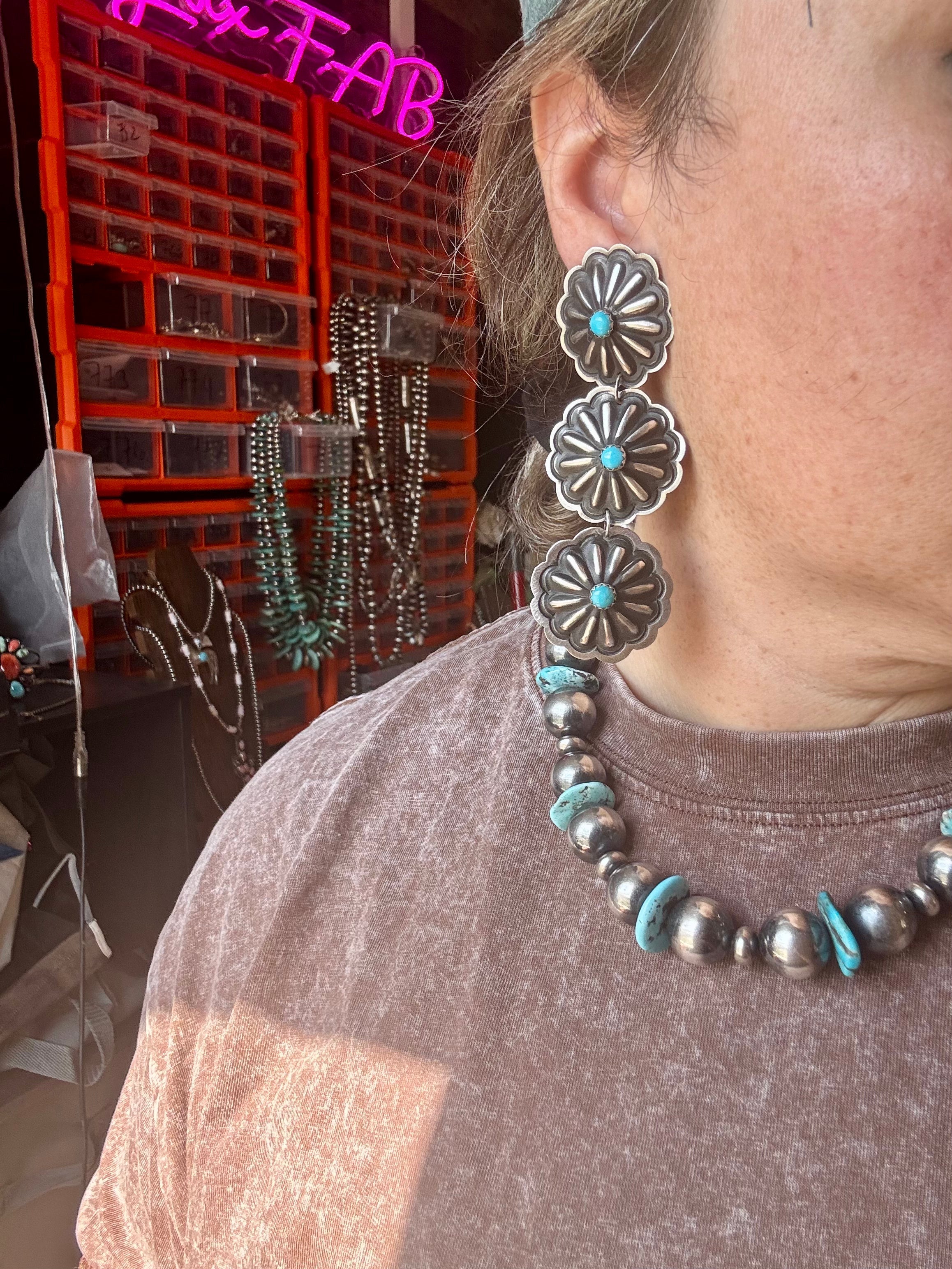 Triple Concho Dangle Earrings with Kingman Turquoise – Sterling Silver, Post Top