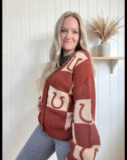 Western Plaid V Neck Knit  Long Sleeve Regular Fit Cardigan