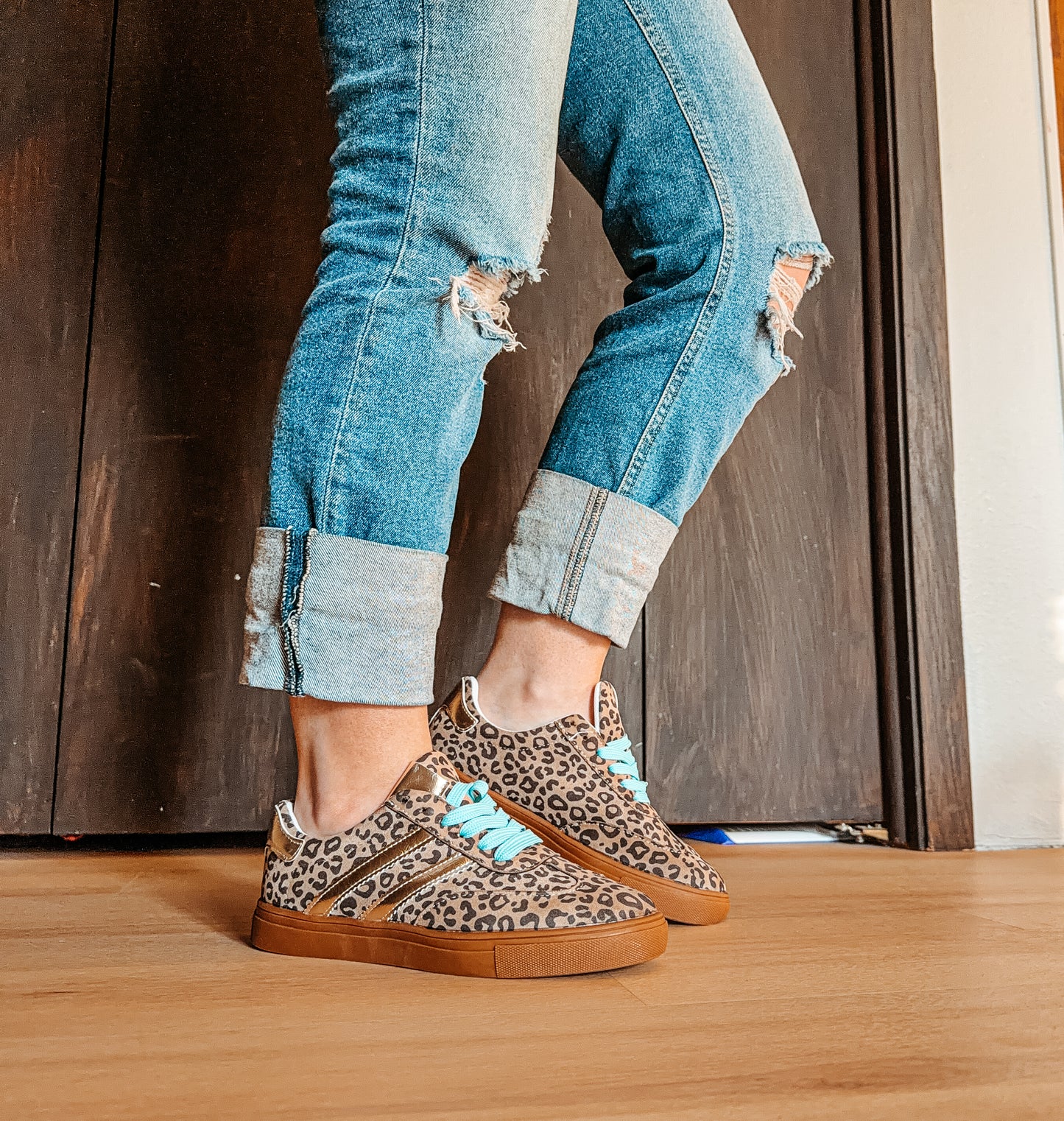 Faux Suede Leopard Sleek PU Leather Detail Lace Up Sneakers