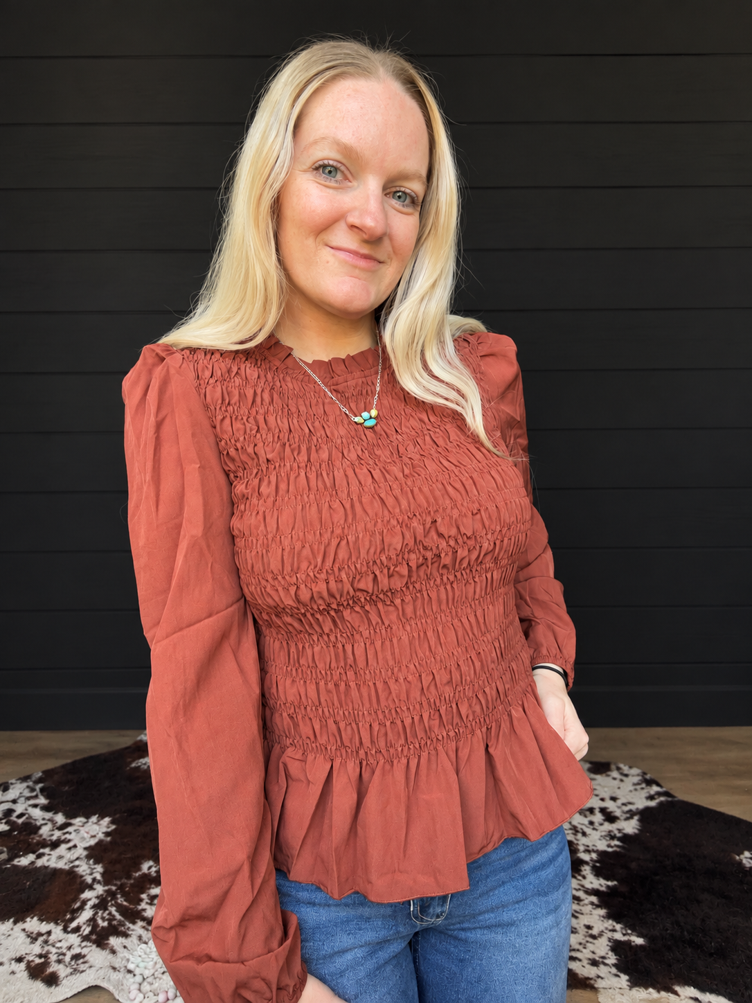 Western Solid Color Smocked Ruffle Hem Long Sleeve Blouse