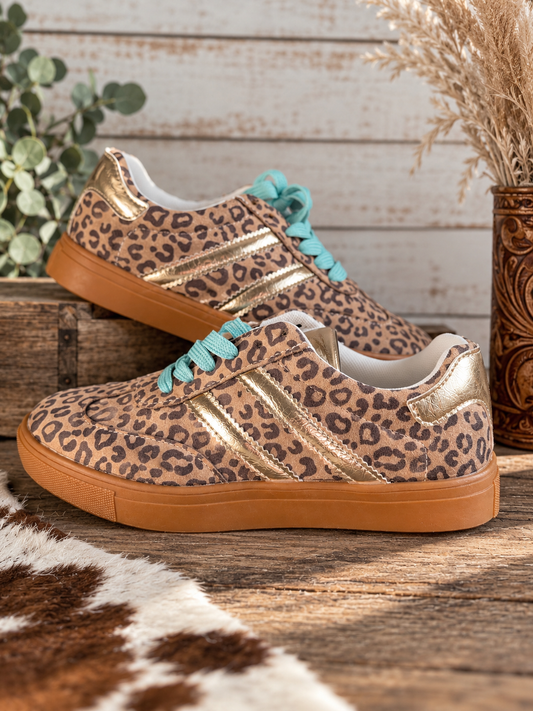 Faux Suede Leopard Sleek PU Leather Detail Lace Up Sneakers