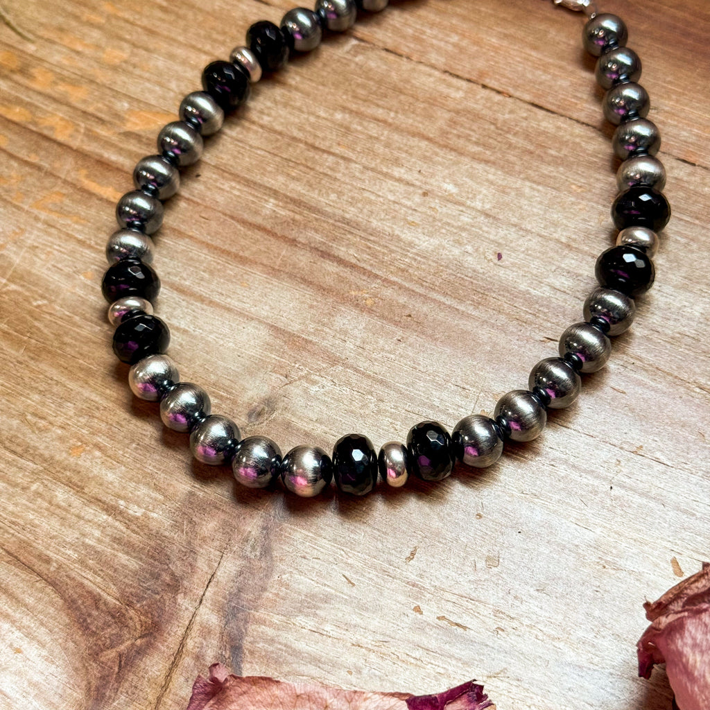 Black Onyx & Sterling Silver Pearl Choker – 14”