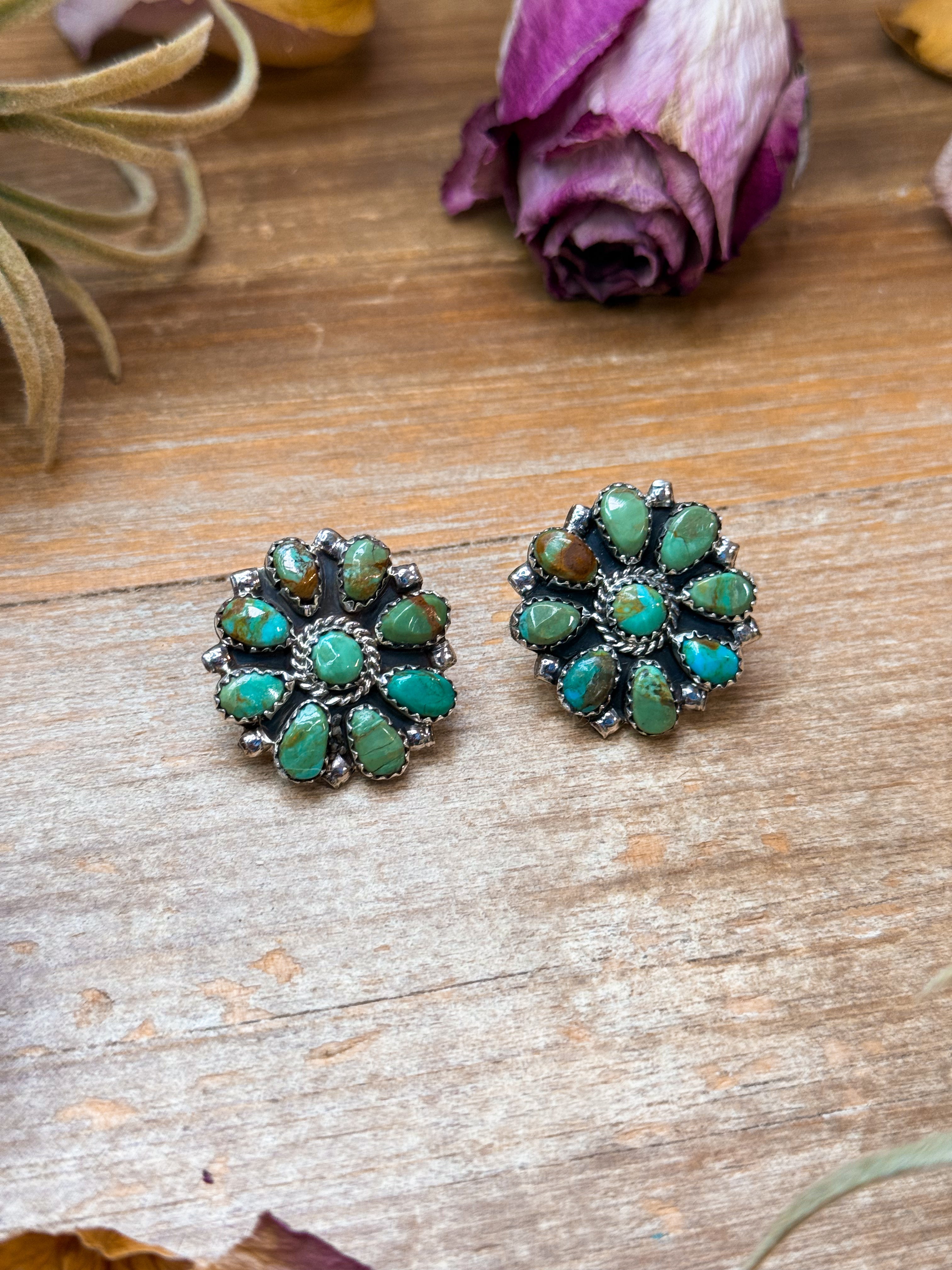 Sterling Silver Green Turquoise Cluster Earrings