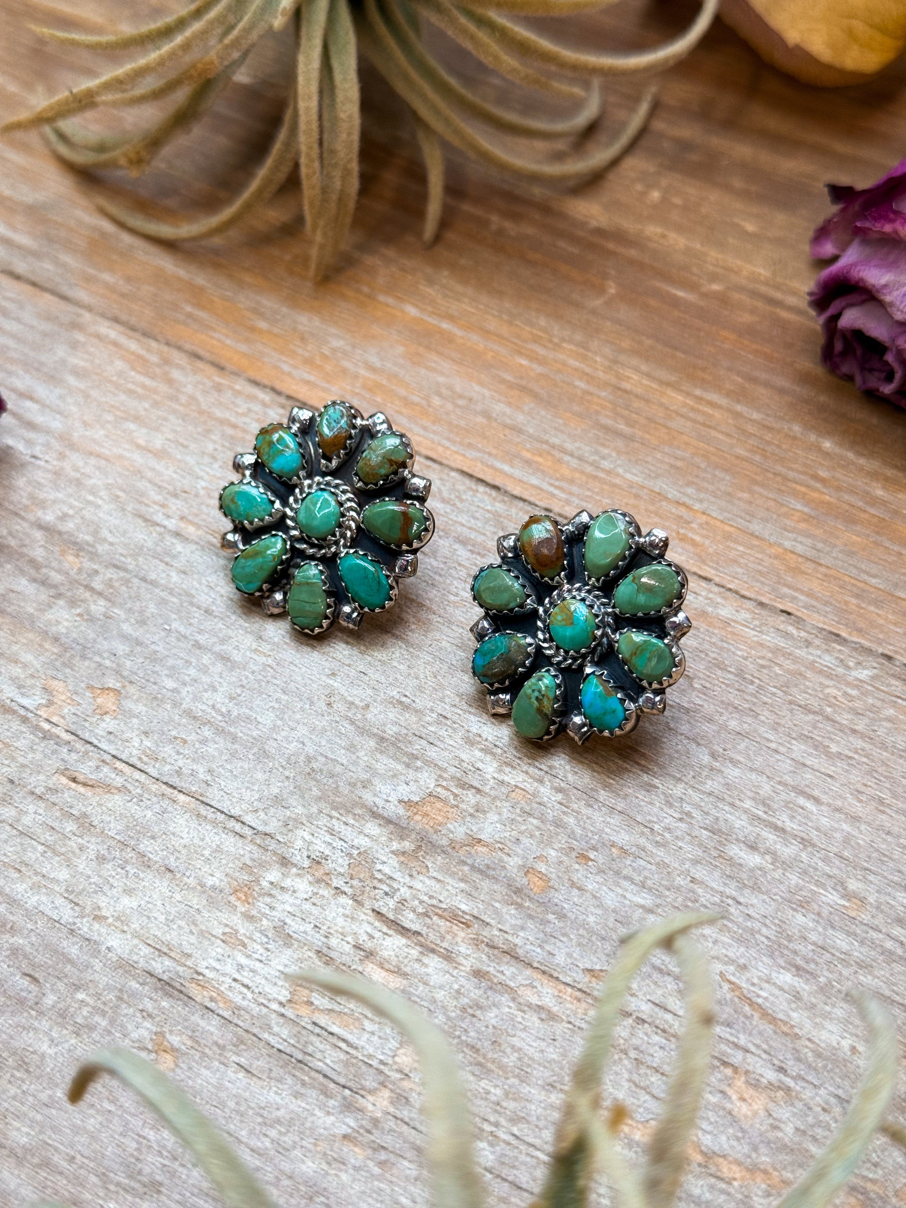 Sterling Silver Green Turquoise Cluster Earrings