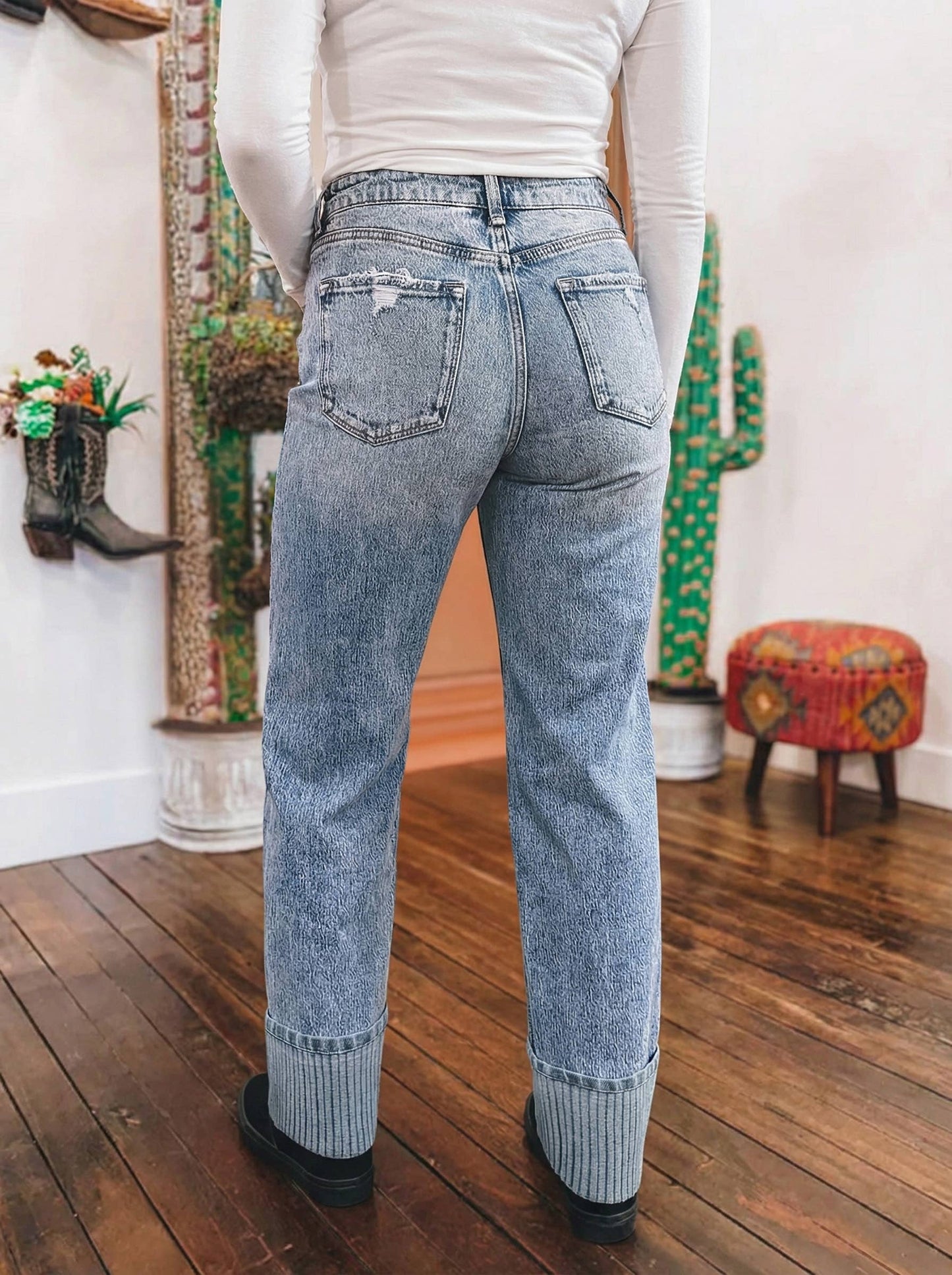 Western Striped High Waist Cuffed Straight Loose Jeans