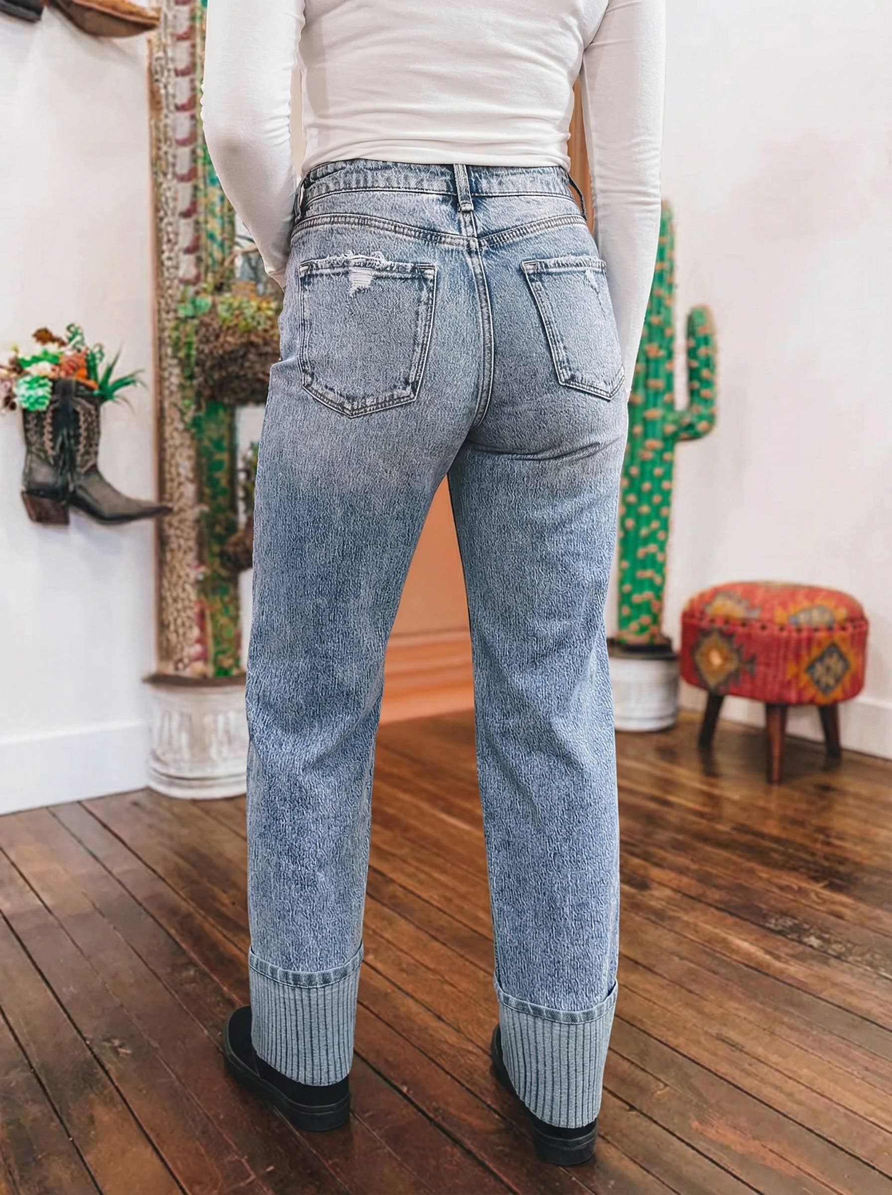 Western Striped High Waist Cuffed Straight Loose Jeans
