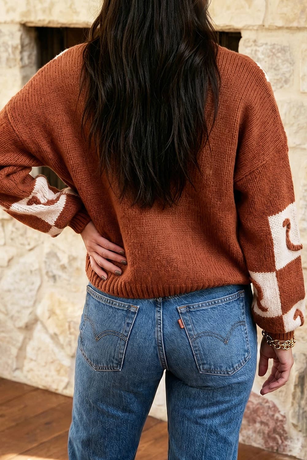 Western Plaid V Neck Knit  Long Sleeve Regular Fit Cardigan