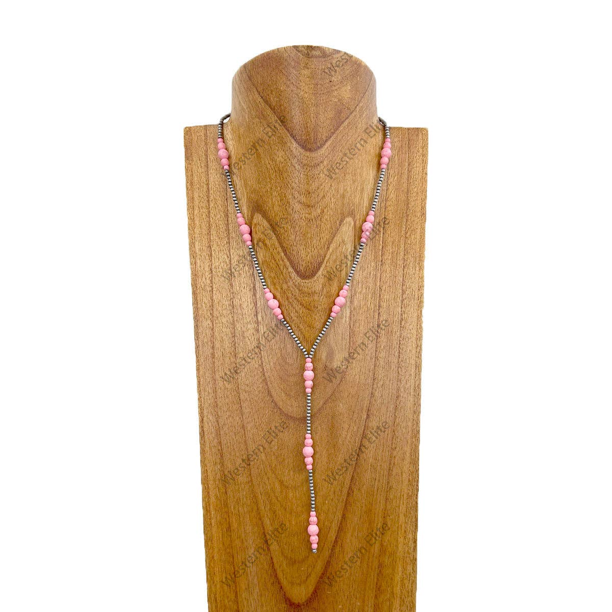 NKZ240330-09                    Silver Navajo pearl with light pink stone beads "Y" shape Necklace