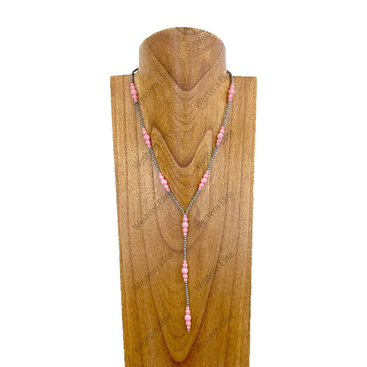 NKZ240330-09                    Silver Navajo pearl with light pink stone beads "Y" shape Necklace